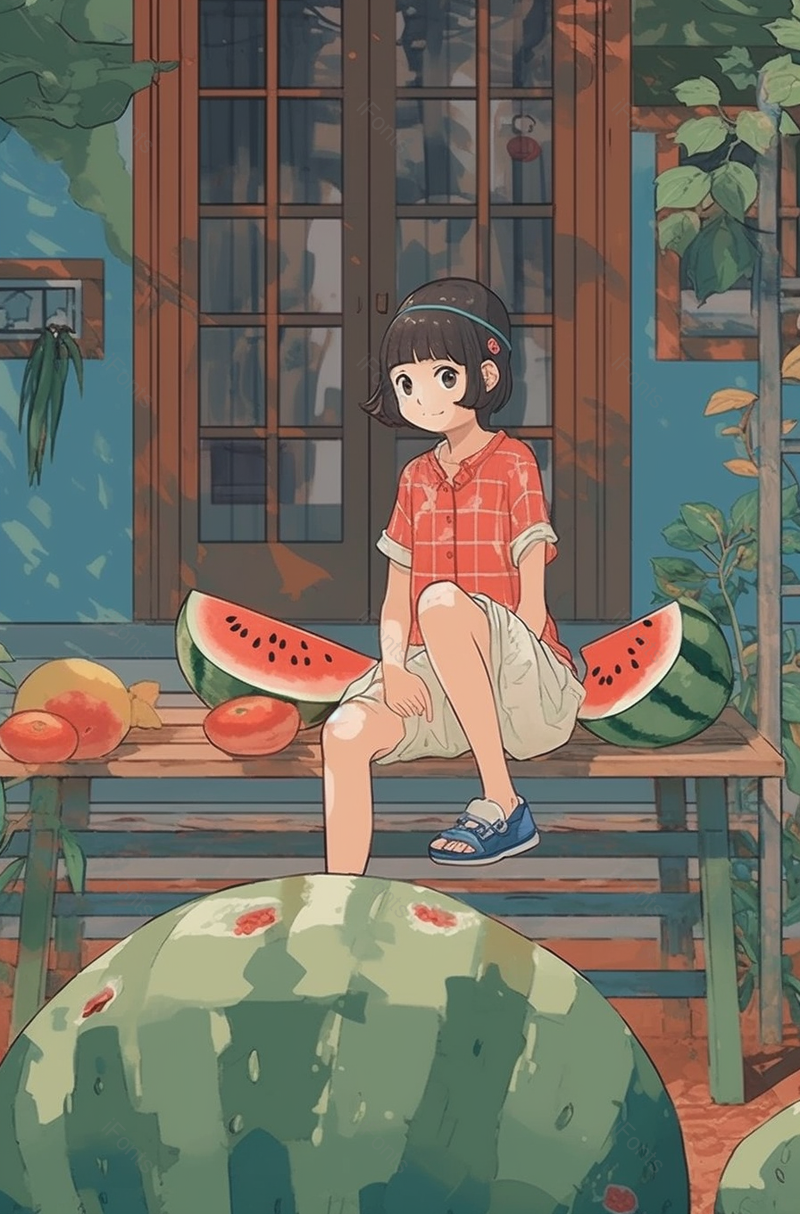 女孩坐在门前吃西瓜创意插画背景,插画/手绘图,插画/手绘图库,插画/手绘图下载,插画/手绘
